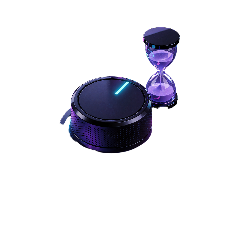 Sort drejeknap med lysende cyan mark&oslash;r og LED-bue ved siden af et timeglas - symbol p&aring; ansvarligt spil