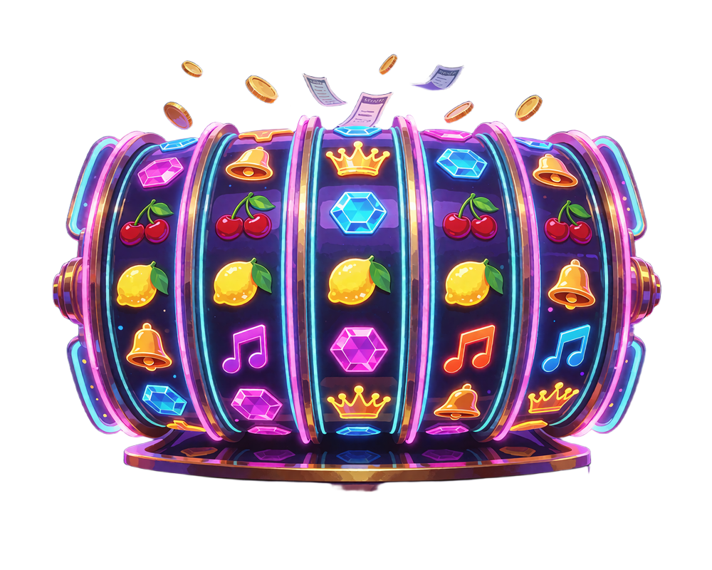 Fem neonlysende spillemaskine-hjul i vifteform med kirseb&aelig;r, &aelig;delstene, kroner og musiknoder - online slots hos WinBeatz