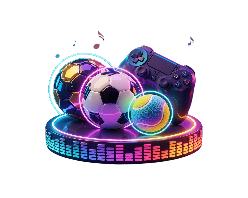 Fodbold, h&aring;ndbold, tennisbold og spilcontroller p&aring; en neonlysende equalizer-sokkel - sportsbook hos WinBeatz Casino
