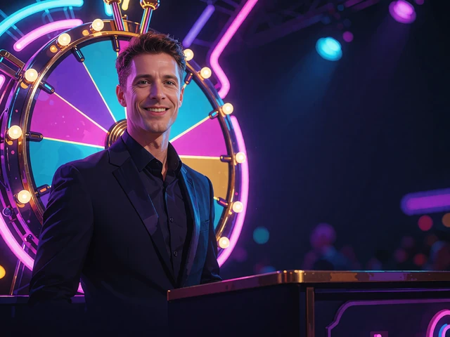 Smilende game show-v&aelig;rt i jakkes&aelig;t foran et farverigt pr&aelig;miehjul i et live studie