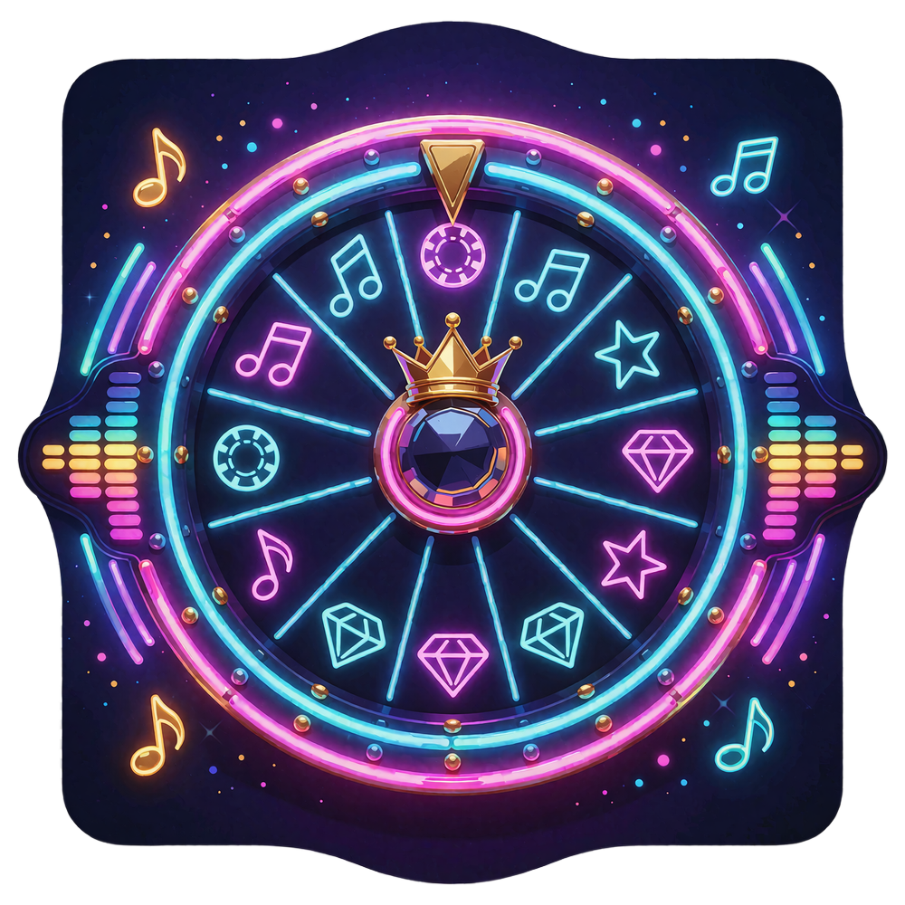 Neonlysende lykkehjul med gylden krone i midten, omgivet af equalizerbarer - Wheel of Fortune hos WinBeatz