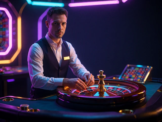 Mandlig croupier i vest drejer et rouletthjul i et d&aelig;mpet live casino-studie