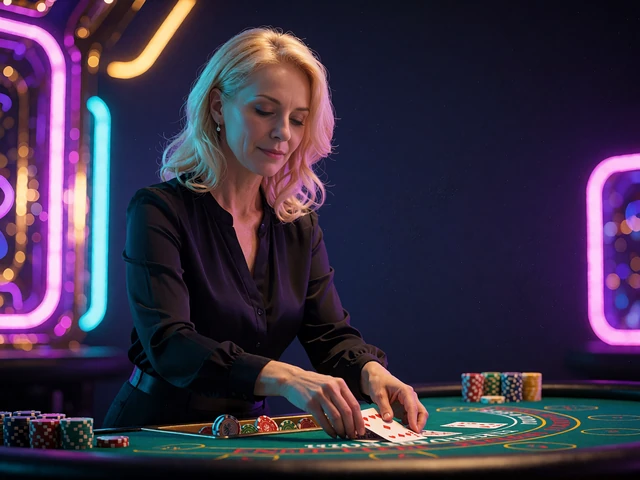 Kvindelig dealer med lyst h&aring;r deler kort ud p&aring; et gr&oslash;nt blackjackbord med jetoner