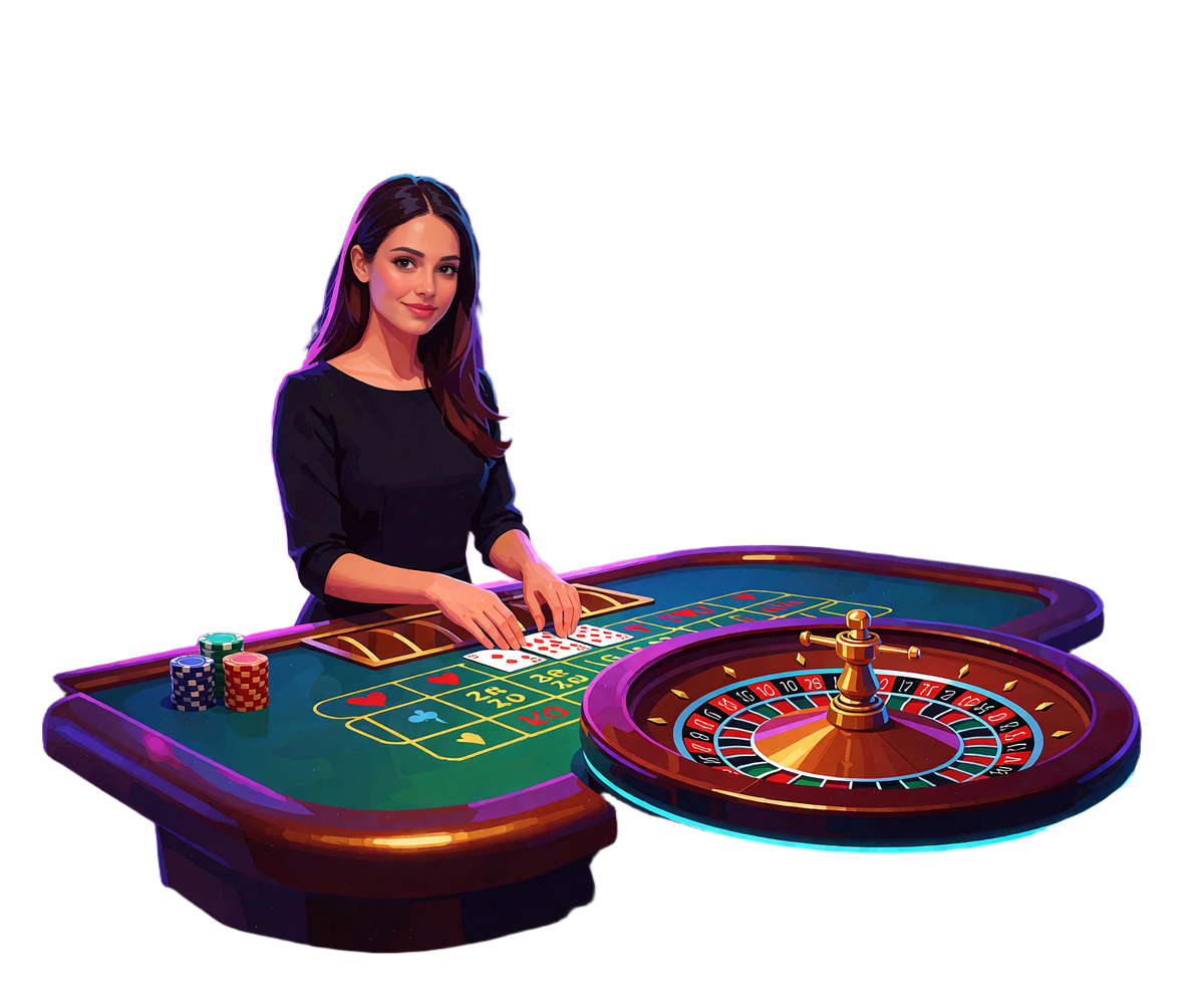 Smilende dealer ved et gr&oslash;nt live casino-bord med kort og et rouletthjul i neonlys hos WinBeatz Casino